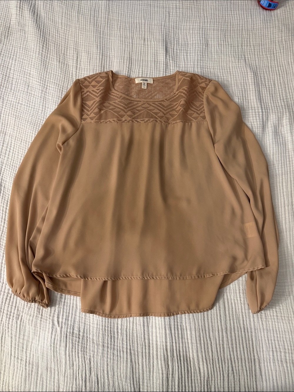 meraki Tan Lace-Yoke Long Sleeve Blouse